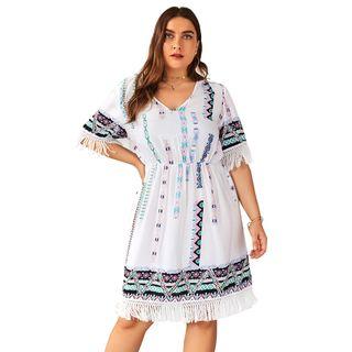 Short-sleeve Patterned Tasseled A-line Dress