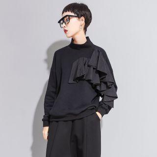Long-sleeve Mock-neck Ruffled T-shirt