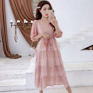 V-neck Lantern Sleeve Layered Dress