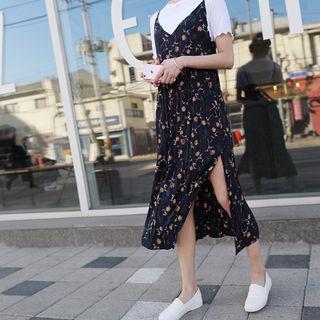 Floral Print Slit-hem Pinafore Dress