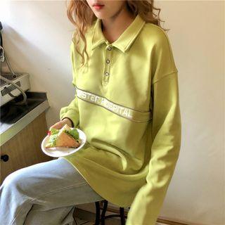 Lettering Long-sleeve Polo Shirt As Shown In Figure - One Size