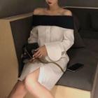 Off-shoulder Short-sleeve Shirt Dress As Shown In Figure - One Size