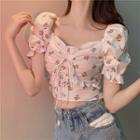 Floral Square-neck Crinkled Cropped Blouse