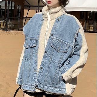 Denim Panel Faux Shearlng Jacket
