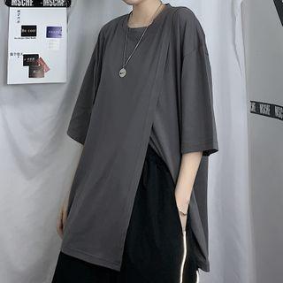 Slit-front Short-sleeve Plain Top