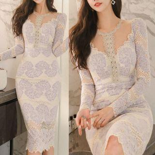 Long-sleeve Patterned Lace Midi Sheath Dress