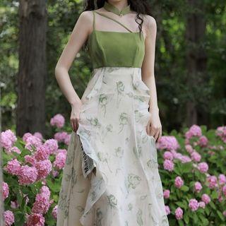 Set: Tie-front Cardigan + Spaghetti Strap Floral Midi A-line Dress