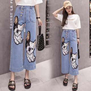 Sequined Dog Wide-leg Cropped Jeans