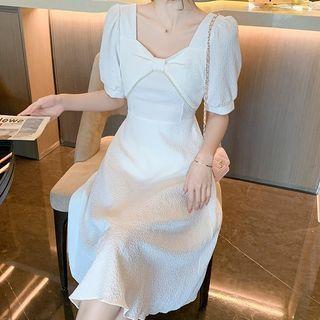 Puff-sleeve Faux Pearl Bow Midi A-line Dress