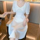 Puff-sleeve Faux Pearl Bow Midi A-line Dress