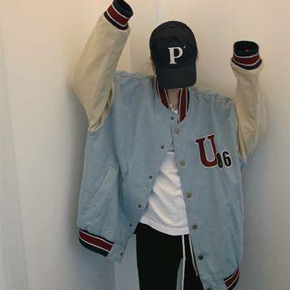 Color Block Panel Baseball Jacket Light Blue & Beige - One Size