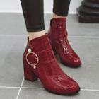Patent Croc Grain Buckled Chunky Heel Ankle Boots