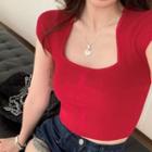 Cropped Short-sleeve Square Neck Knit T-shirt