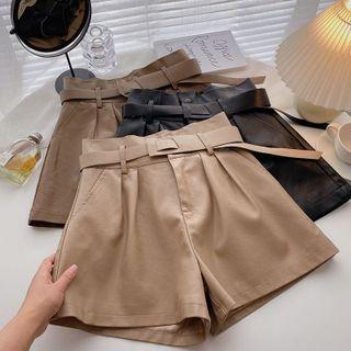 Faux Leather Plain High-waist Shorts