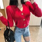 V-neck Metal Button Cardigan Red - One Size