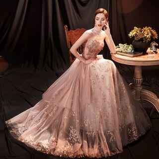 Strapless Floral Applique Mesh A-line Gown