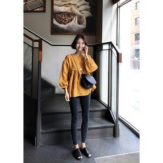 Puff-sleeve Linen A-line Top
