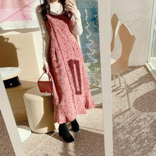 Plain Knit Top / Floral Print Midi A-line Pinafore Dress