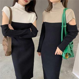 Long-sleeve Turtleneck Two-tone Slim-fit Knit Dress
