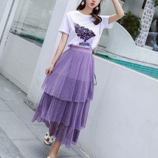 Set: Printed Short-sleeve T-shirt + Tiered Midi Skirt