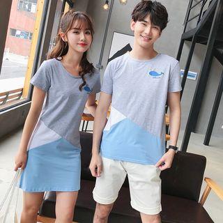 Couple Matching Colour Block Short-sleeve T-shirt Dress / Short-sleeve T-shirt / Shorts