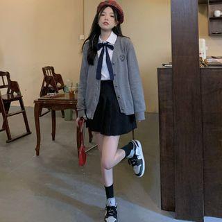 Long-sleeve Cardigan / Long-sleeve Plain Shirt / Accordion Pleat Skirt