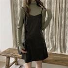 Long-sleeve Top / Faux Leather Mini Pinafore Dress
