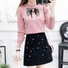 Set: Long-sleeve Bow-accent Knit Sweater + High-waist Faux Pearl Skirt