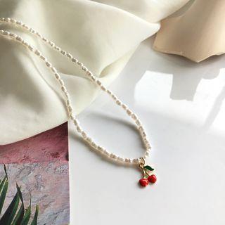 Cherry Pendant Faux Pearl Necklace 1 Pc - White Faux Pearl & Cherry - Red - One Size