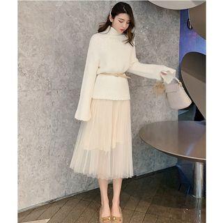 Set: Turtleneck Sweater + Pleated Midi Skirt