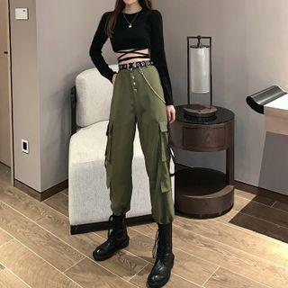 High-waist Cargo Jogger Pants / Belt / Long-sleeve Crop Top / Set