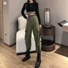 High-waist Cargo Jogger Pants / Belt / Long-sleeve Crop Top / Set