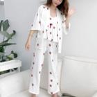 Loungewear Set: Strawberry Print Camisole Top + Robe + Pants
