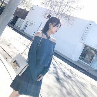 Set: Off-shoulder Sweater + A-line Skirt