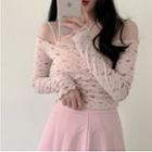 Off-shoulder Long-sleeve Floral Shirred Cropped T-shirt Pink - One Size