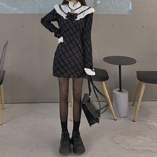 Long-sleeve Lace Trim Plaid Mini Dress