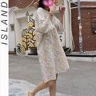Long-sleeve Floral Print Mini A-line Dress Floral - Blue & Yellow & Red - One Size
