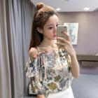Floral Print Cut Out Shoulder Chiffon Elbow Sleeve Top