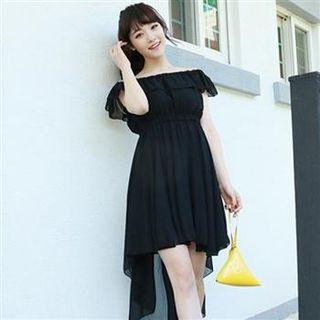 Off-shoulder Ruffle Chiffon Dress Black - One Size