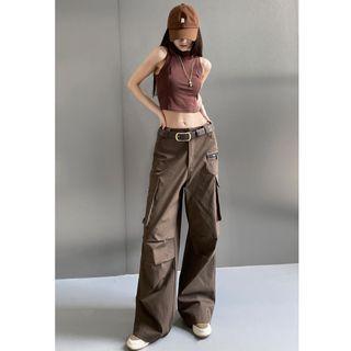 Multi-pockets Straight-cut Loose Pants With Belt