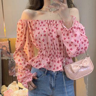 Long-sleeve Off-shoulder Heart Print Blouse