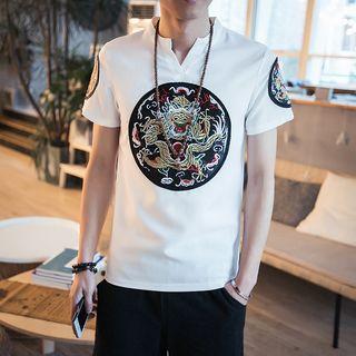 Short-sleeve Embroidery Panel Top