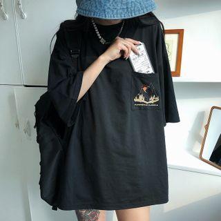 Mountain Print Elbow-sleeve T-shirt Black - One Size