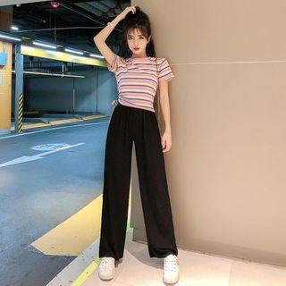Striped Short-sleeve T-shirt / Straight-fit Pants / Set