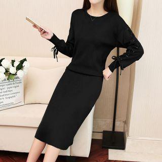Set: Plain Lace Up Sweater + Midi Knit Skirt