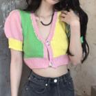 Short-sleeve Color Block Button-up Knit Top Pink & Yellow & Green - One Size