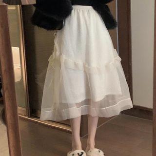 Fluffy Jacket / Mesh Overlay Tiered Midi A-line Skirt