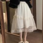 Fluffy Jacket / Mesh Overlay Tiered Midi A-line Skirt
