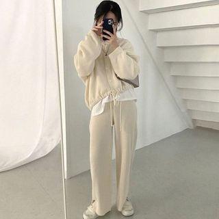 Hooded Drawstring-hem Knit Cardigan / High-waist Pants