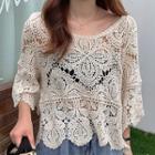 Bell-sleeve Plain Crochet Perforated Top